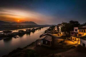 de Sol uppsättningar över en flod i Indien. ai-genererad foto