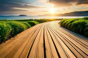 en trä- gångväg leder till de hav på solnedgång. ai-genererad foto