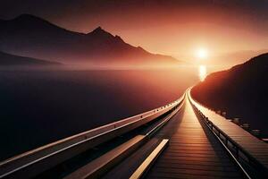 en lång bro över en sjö med de Sol miljö. ai-genererad foto