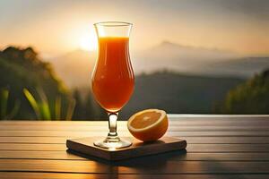 en glas av orange juice på en trä- tabell med en se av de solnedgång. ai-genererad foto