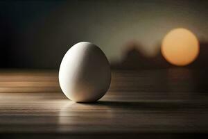 en enda ägg Sammanträde på en tabell i främre av en suddigt bakgrund. ai-genererad foto