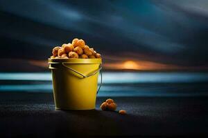 en hink fylld med popcorn på de strand. ai-genererad foto