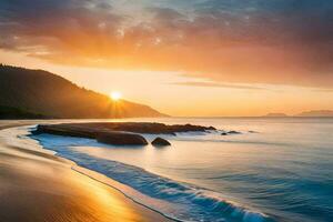 de Sol stiger över de hav i en skön solnedgång. ai-genererad foto