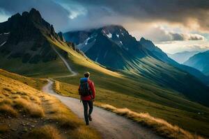 en man med en ryggsäck promenader ner en väg i de berg. ai-genererad foto