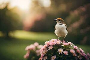 en fågel är uppflugen på topp av en blomma. ai-genererad foto