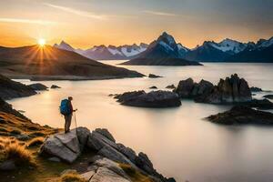 de man är stående på de kant av en klippa utsikt de vatten och berg. ai-genererad foto