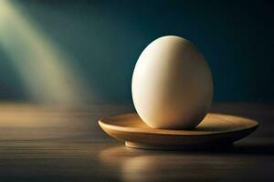 ett ägg på en trä- stå. ai-genererad foto