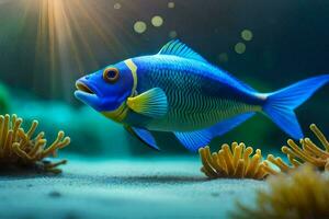 en blå fisk simning i ett akvarium. ai-genererad foto