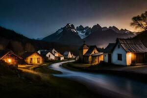 Foto tapet de himmel, berg, flod, hus, de natt, de berg, de by. ai-genererad