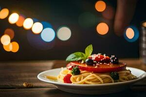 spaghetti med tomat, basilika och blåbär på en tallrik. ai-genererad foto