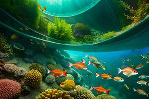 ett under vattnet scen med fisk och korall. ai-genererad foto