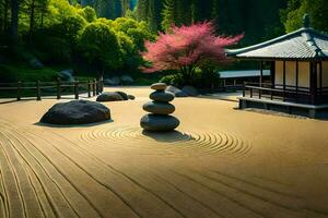 en japansk trädgård med en pagod och rocks. ai-genererad foto