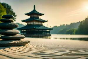 en pagod i de bakgrund med stenar staplade på de sand. ai-genererad foto