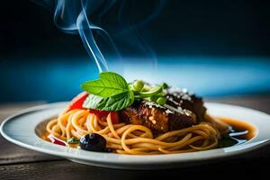 spaghetti med kött och grönsaker på en tallrik. ai-genererad foto