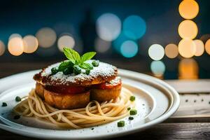 en tallrik av spaghetti och köttbullar på en trä- tabell. ai-genererad foto