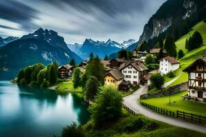 en skön by i de bergen med en sjö. ai-genererad foto