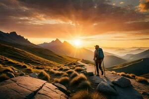 en person stående på en berg på solnedgång. ai-genererad foto