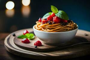 spaghetti med bär och basilika på en trä- tallrik. ai-genererad foto