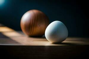 två ägg sitta på en trä- tabell. ai-genererad foto