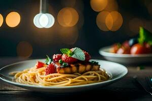 en tallrik av spaghetti med bär och tomater på en trä- tabell. ai-genererad foto