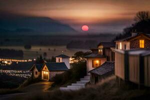 en skön solnedgång över en små by. ai-genererad foto