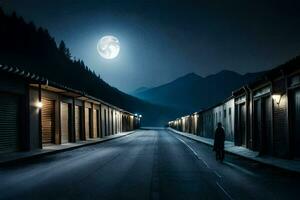 en man promenader ner ett tömma väg på natt med en full måne. ai-genererad foto