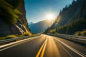 en bil körning ner en motorväg med de Sol lysande. ai-genererad foto