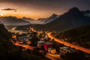 en stad och bergen på solnedgång. ai-genererad foto