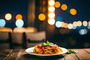 spaghetti på en tallrik med en bokeh bakgrund. ai-genererad foto