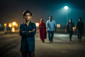 en ung pojke står ensam i de mitten av en väg på natt. ai-genererad foto