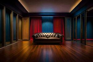 en rum med en läder soffa och röd gardiner. ai-genererad foto