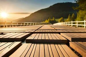 en trä- bro med de Sol miljö Bakom Det. ai-genererad foto