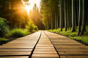 en trä- väg i de skog med de Sol lysande. ai-genererad foto
