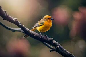 en små gul fågel är Sammanträde på en gren. ai-genererad foto