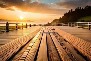 en trä- bro med de Sol miljö över Det. ai-genererad foto