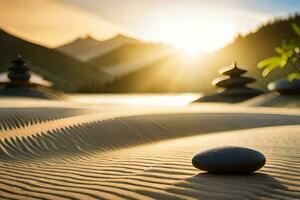de Sol stiger över de sand sanddyner i de berg. ai-genererad foto