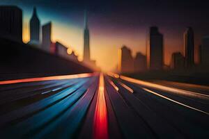 en stad horisont med lampor på de väg. ai-genererad foto