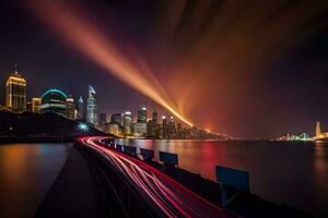 en lång exponering fotografera av de stad horisont på natt. ai-genererad foto
