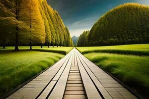 en lång trä- väg leder till en grön fält. ai-genererad foto