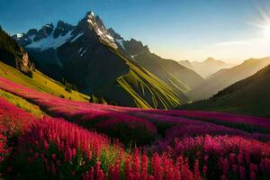 de Sol lyser på de blommor i de berg. ai-genererad foto