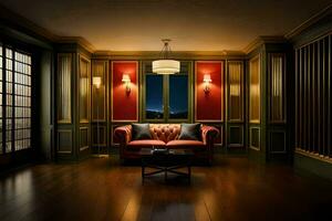 en rum med röd läder soffa och trä paneler. ai-genererad foto