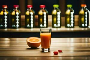 en glas av orange juice sitter på en tabell Nästa till flaskor av juice. ai-genererad foto
