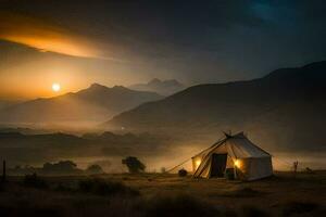 de Sol stiger över en tält i de berg. ai-genererad foto