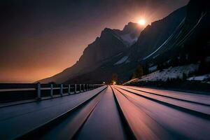 en tåg spår i de bergen på natt. ai-genererad foto