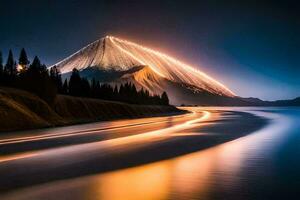 en berg med lampor på den på natt. ai-genererad foto
