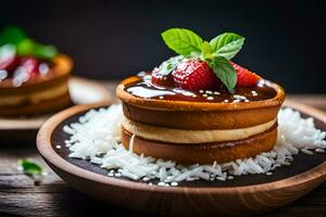 jordgubb pannkakor med choklad sås och jordgubbar på topp. ai-genererad foto