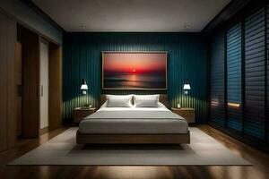 en modern sovrum med en stor målning på de vägg. ai-genererad foto