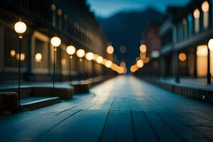 en lång gångväg med lampor på den på natt. ai-genererad foto