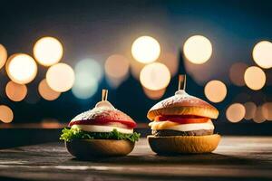 två hamburgare på en trä- tabell med lampor i de bakgrund. ai-genererad foto