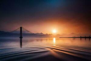 soluppgång över de bro, vatten, berg, hd tapet. ai-genererad foto